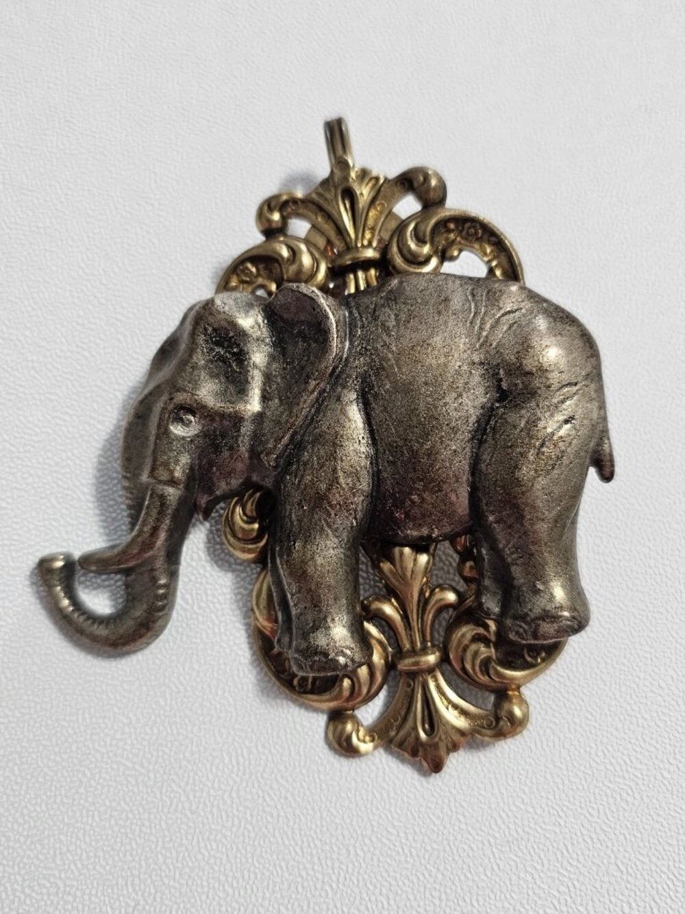 Vintage Silver Tone Elephant On Gold Tone Scroll Large Pendant Scarf Belt Clip